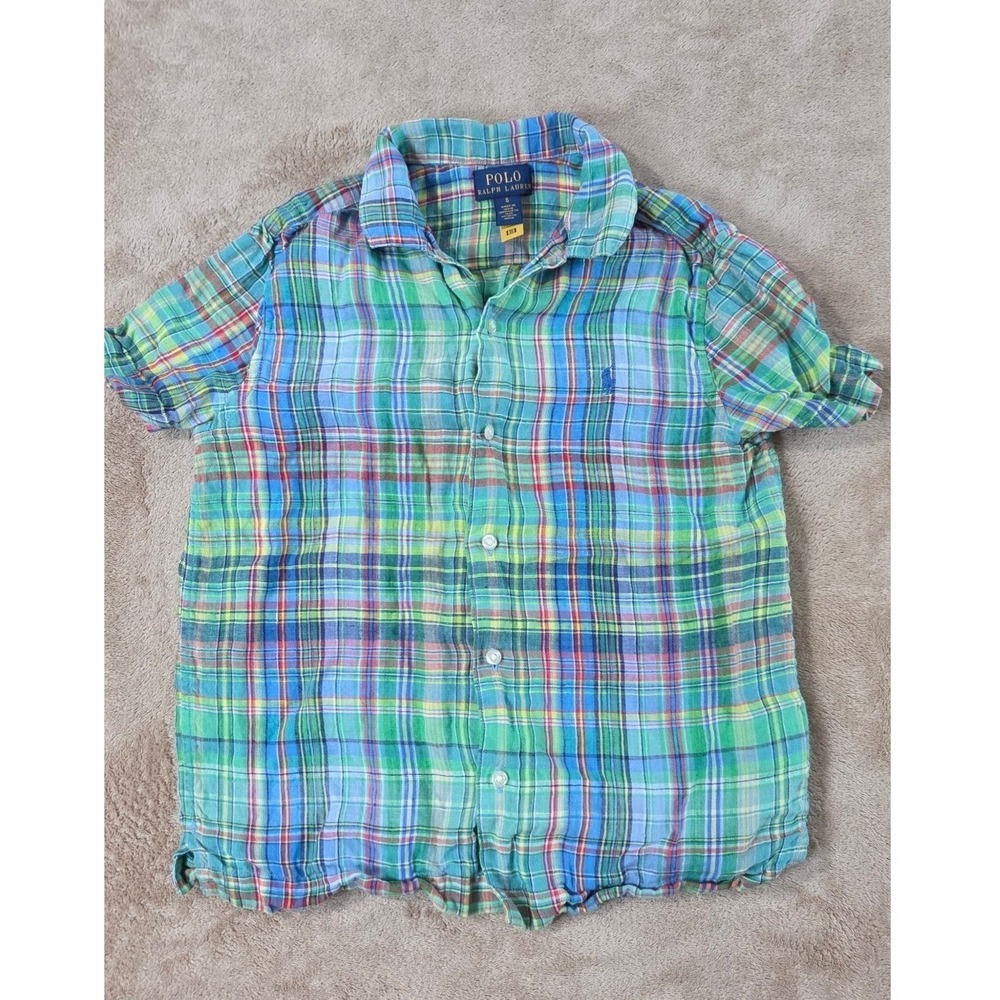 Polo Ralph Lauren Linen Shirt Boys Size 6 Blue‎ Plaid Button Up Short Sleeve